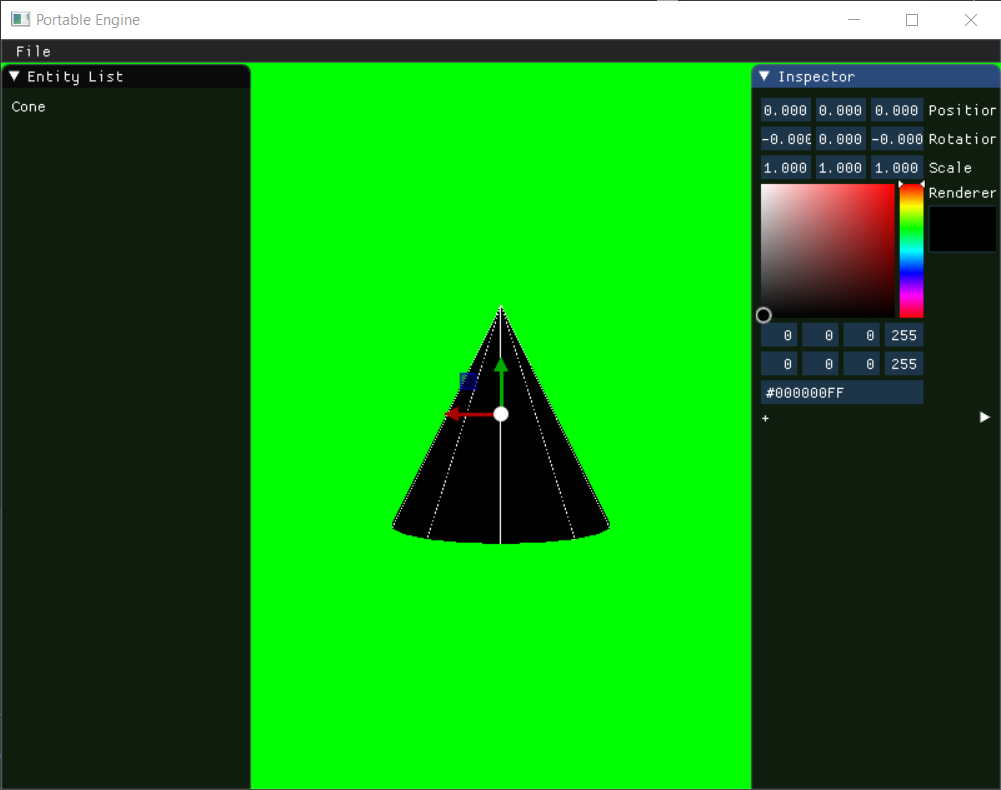 The default screen for PortableEngine on Windows with an OpenGL graphics implementation: A black cone with a white wireframe in the center, a list of the entities to the left, an inspector with editable attributes to the right, and a navbar at the top